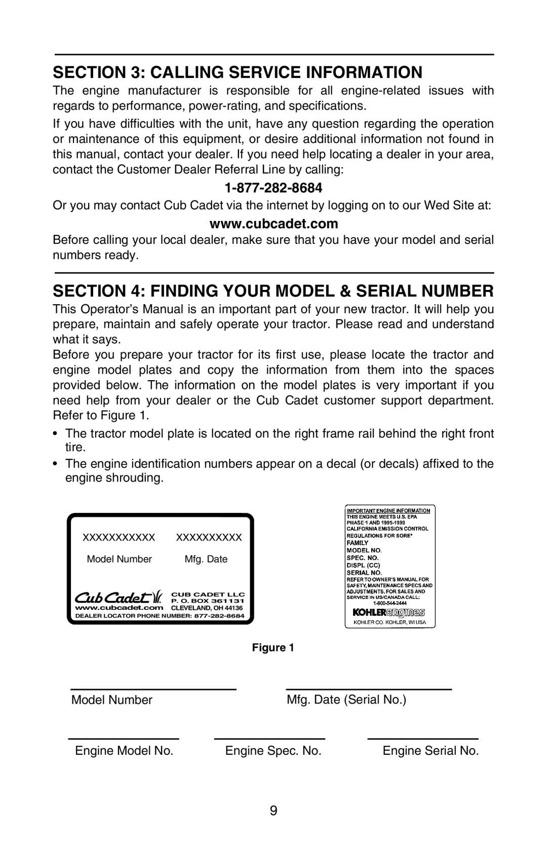 Cub Cadet GT 3200 manual Calling Service Information, Finding Your Model & Serial Number 