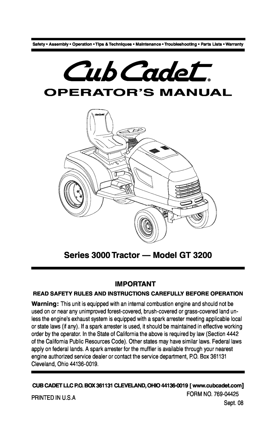 Cub Cadet GT 3200 warranty Operator’S Manual, Series 3000 Tractor — Model GT 