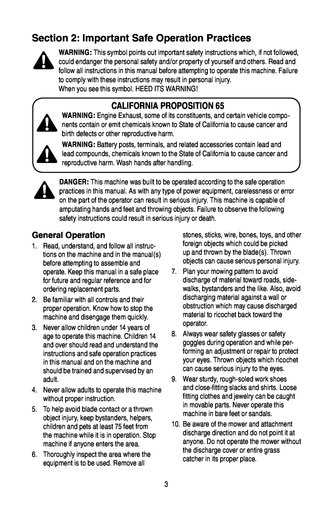 Cub Cadet GT 3200 warranty Important Safe Operation Practices, California Proposition, General Operation 