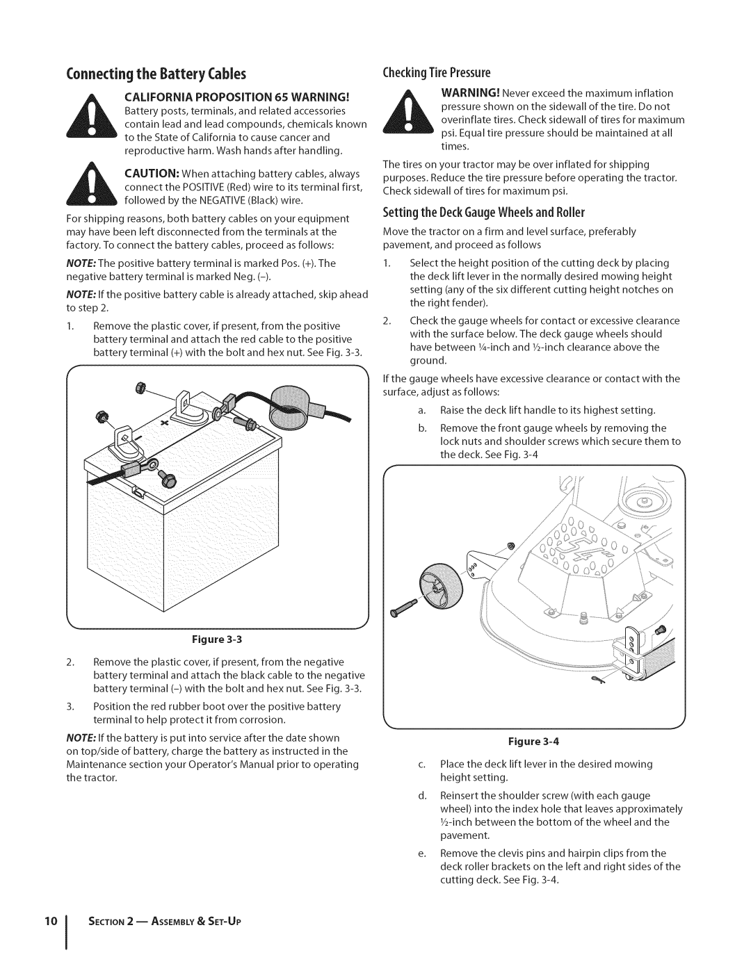 Cub Cadet GTX1054 warranty CheckingTire Pressure, Setting the DeckGaugeWheelsand Roller 