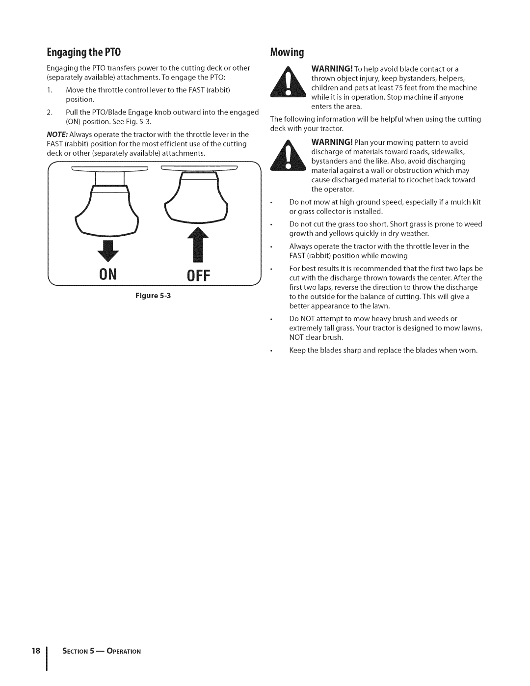 Cub Cadet GTX1054 warranty Engagingthe PTO, Mowing 