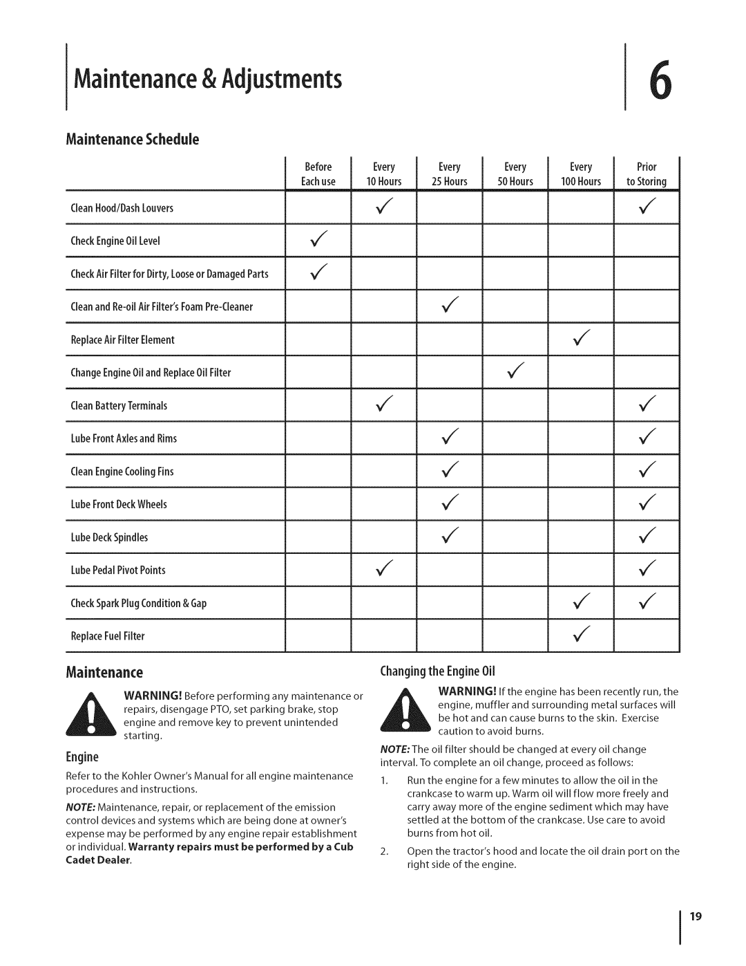 Cub Cadet GTX1054 warranty Maintenance& Adjustments, MaintenanceSchedule, Before Every, Changingthe EngineOil 