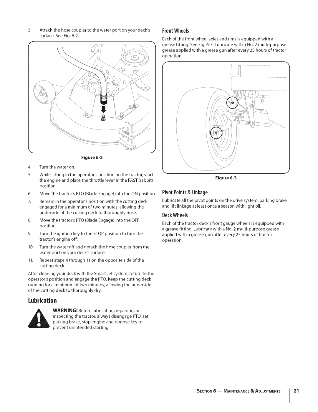 Cub Cadet GTX1054 warranty Lubrication, FrontWheels, Pivot Points& Linkage, DeckWheels 