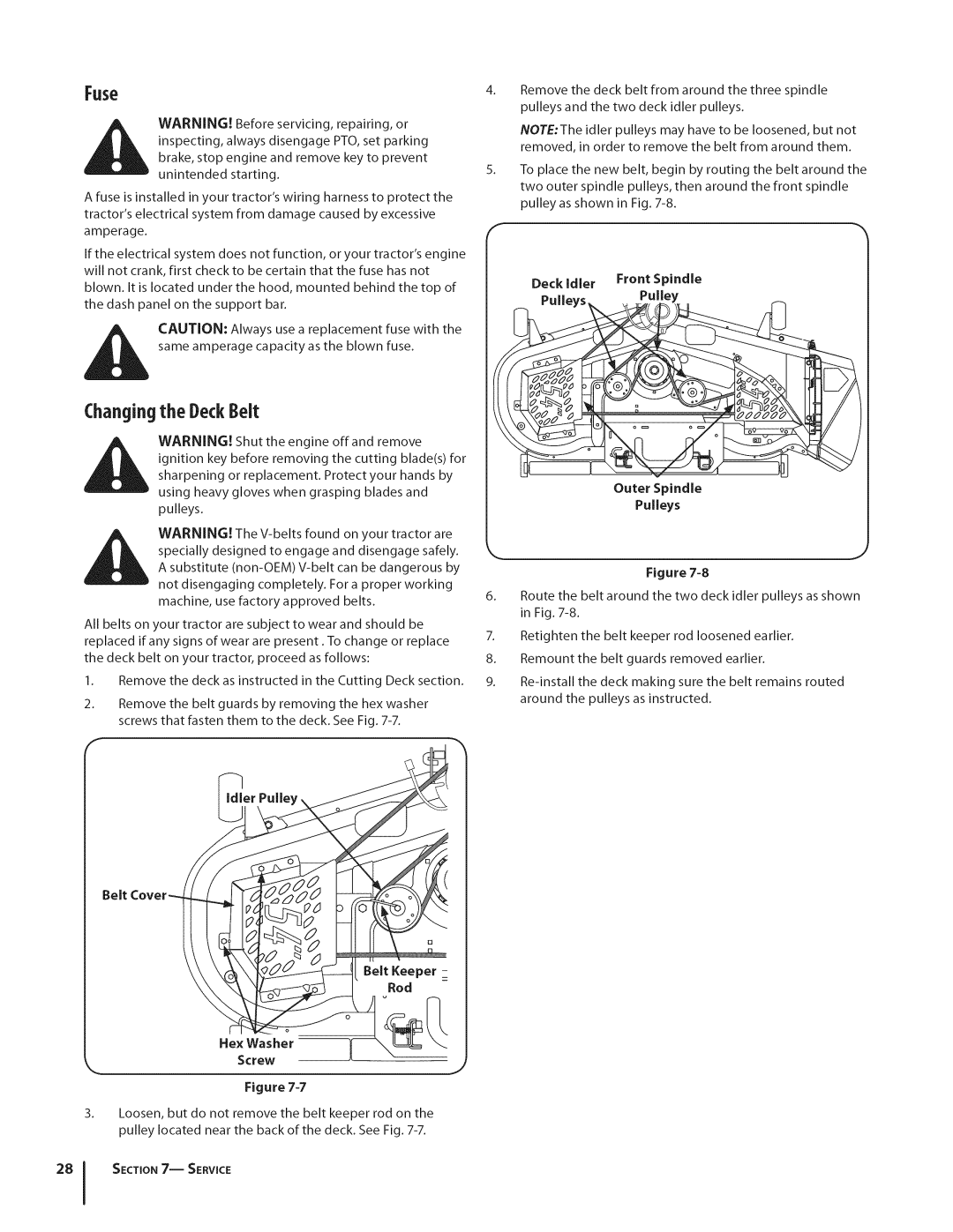 Cub Cadet GTX1054 warranty Changingthe DeckBelt, Fuse 