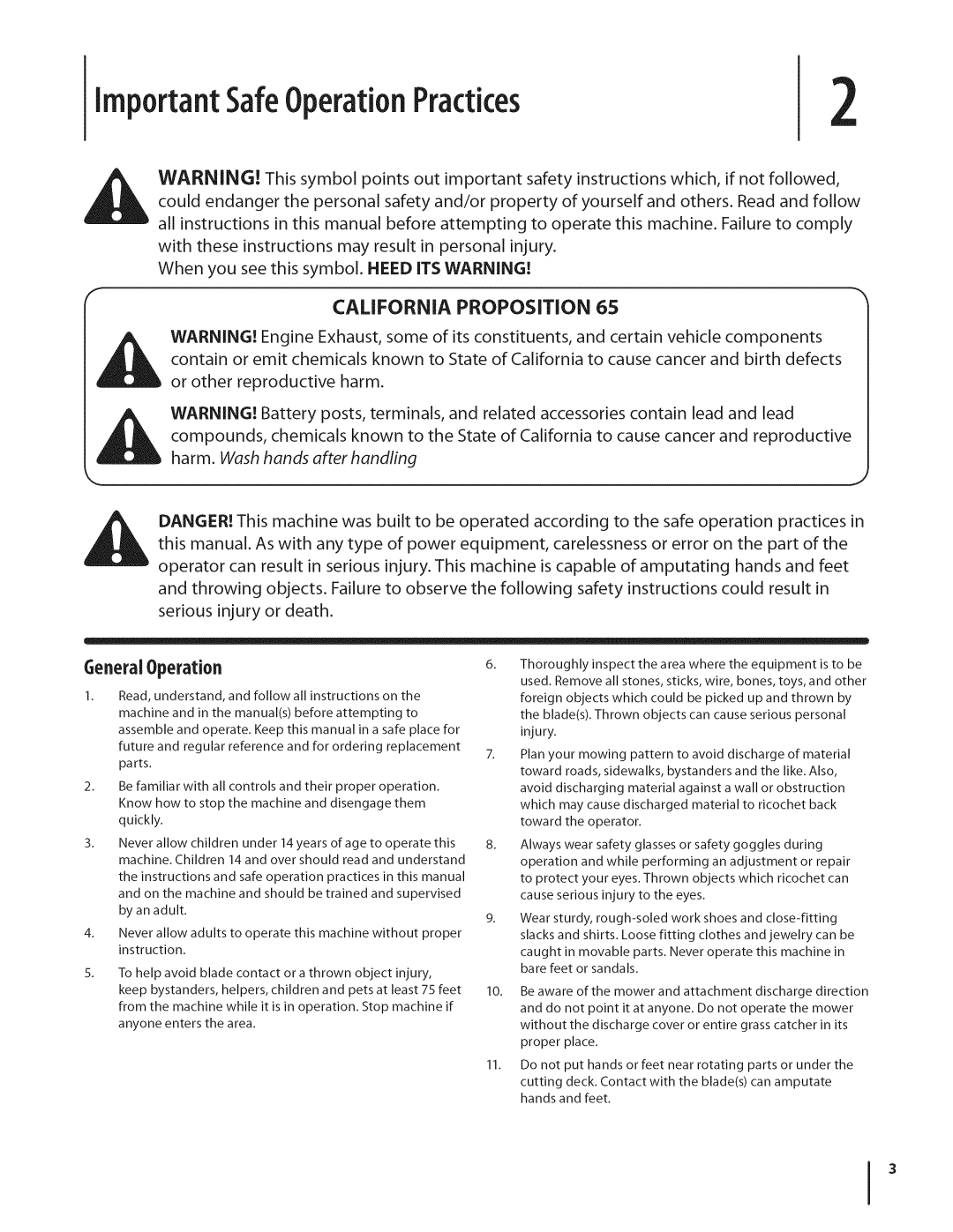 Cub Cadet GTX1054 ImportantSafeOperationPractices, GeneralOperation, Which, if not followed, Or other reproductive harm 