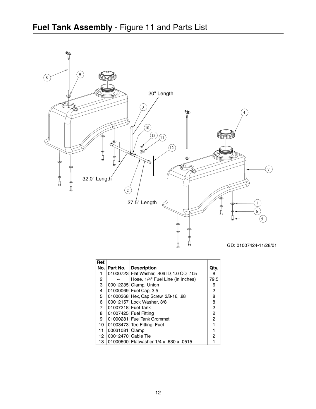 Cub Cadet Lawn Mower manual Fuel Tank Assembly and Parts List, Length 