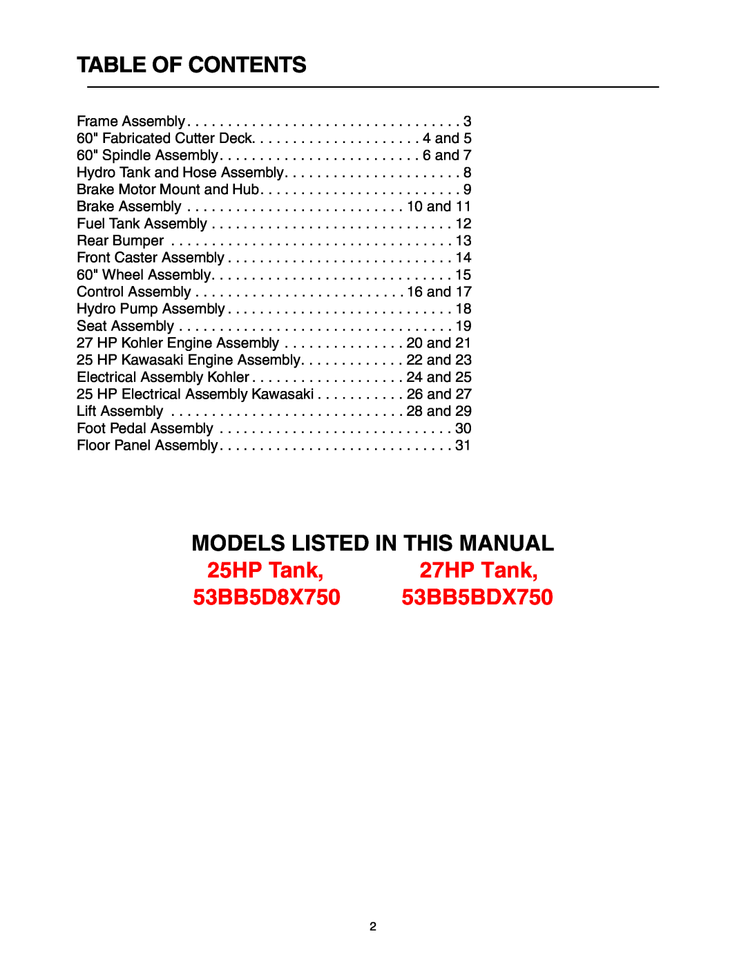 Cub Cadet Lawn Mower manual Table Of Contents, Models Listed In This Manual, 27HP Tank, 53BB5D8X750, 53BB5BDX750, 25HP Tank 