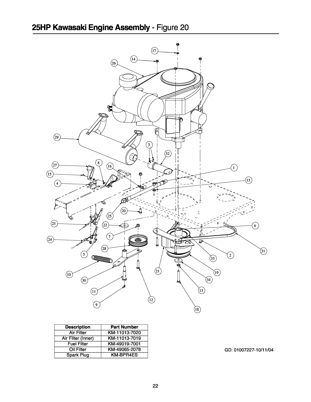 Cub Cadet Lawn Mower 25HP Kawasaki Engine Assembly - Figure, Description, Part Number, Air Filter Inner, KM-BPR4ES 