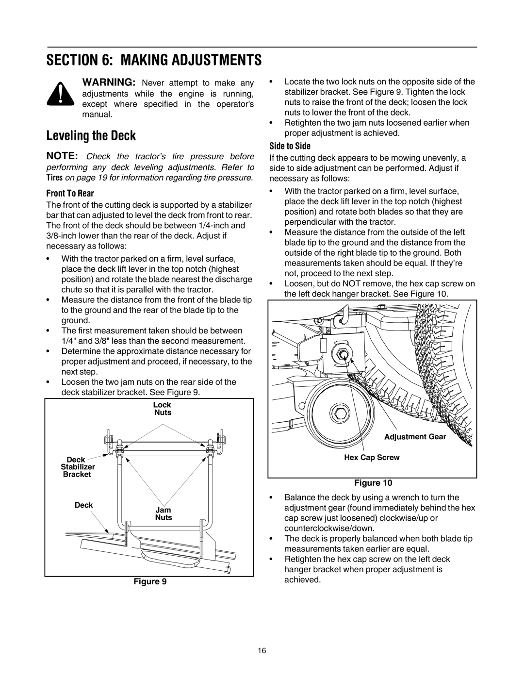 Cub Cadet LT1018, LT1022 manual Making Adjustments, Leveling the Deck 