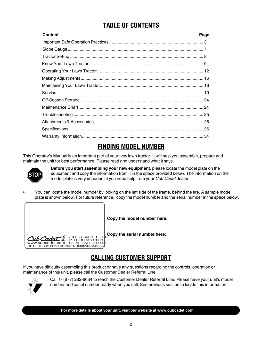 Cub Cadet LT1018, LT1022 manual Table of Contents 