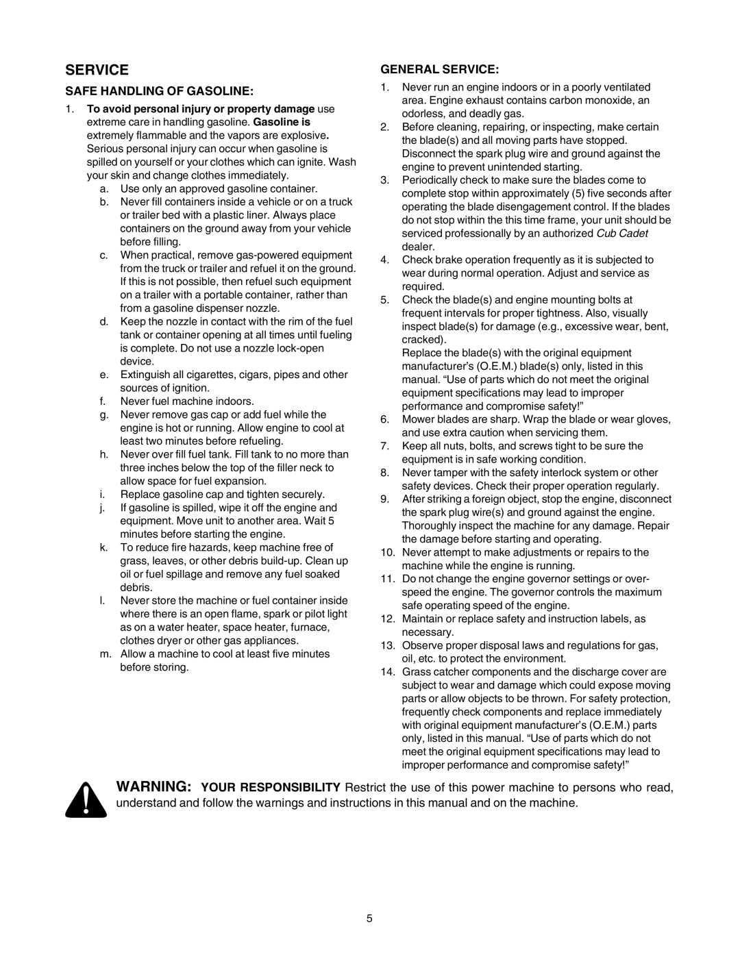 Cub Cadet LT1022, LT1018 manual Service, Safe Handling of Gasoline 