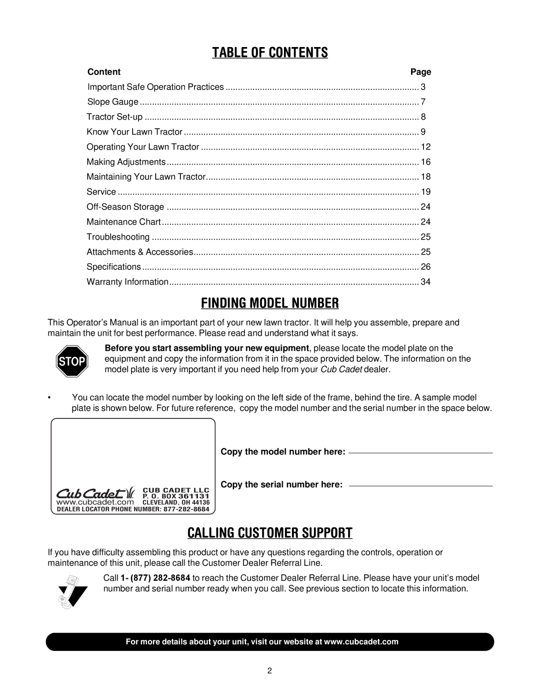 Cub Cadet LT1024 manual Table of Contents 