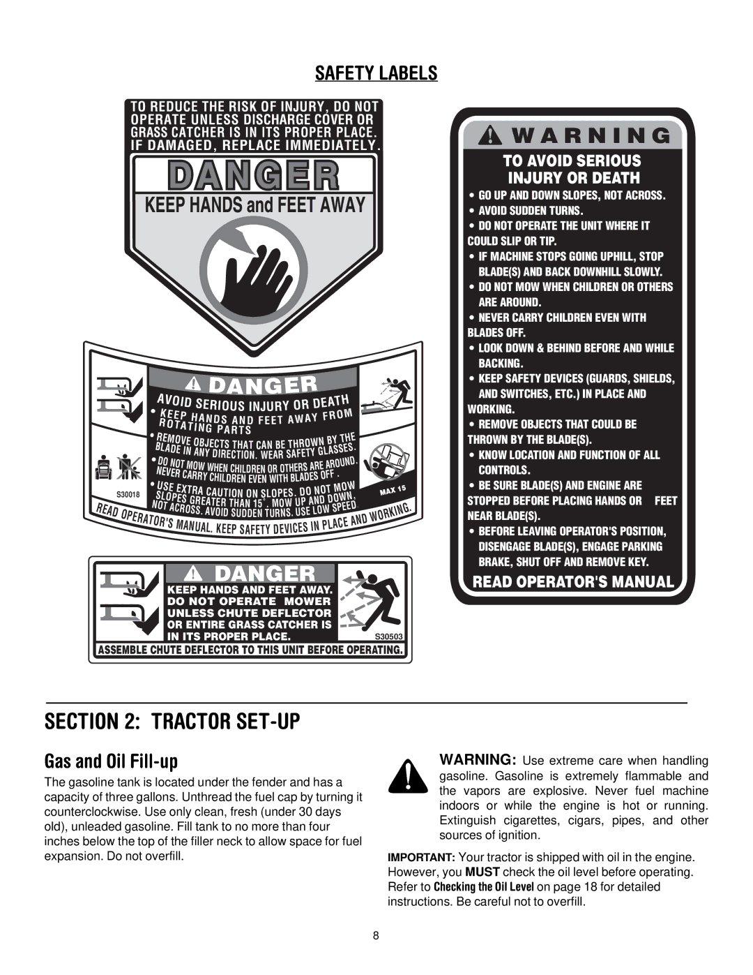 Cub Cadet LT1024 manual Tractor SET-UP, Gas and Oil Fill-up 