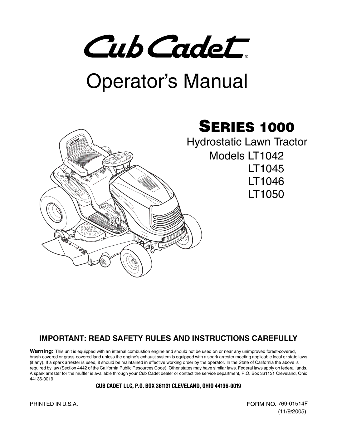 Cub Cadet LT1046, LT1042, LT1045, LT1050 manual Operator’s Manual 