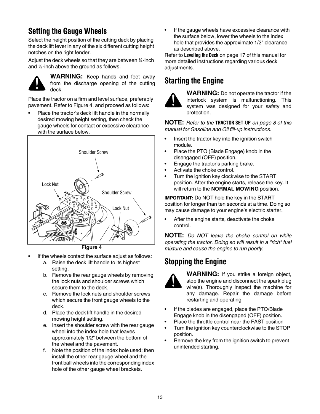 Cub Cadet LT1046, LT1042, LT1045, LT1050 manual Setting the Gauge Wheels, Starting the Engine, Stopping the Engine 