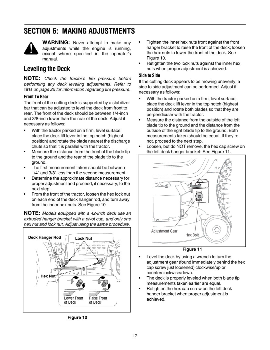 Cub Cadet LT1046, LT1042, LT1045, LT1050 manual Leveling the Deck, Front To Rear, Side to Side 