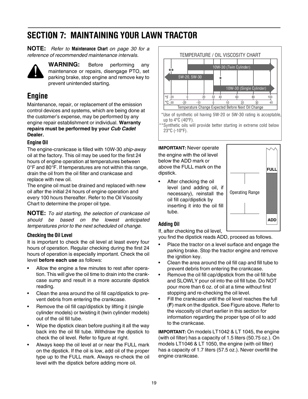 Cub Cadet LT1046, LT1042, LT1045, LT1050 Maintaining Your Lawn Tractor, Engine Oil, Checking the Oil Level, Adding Oil 