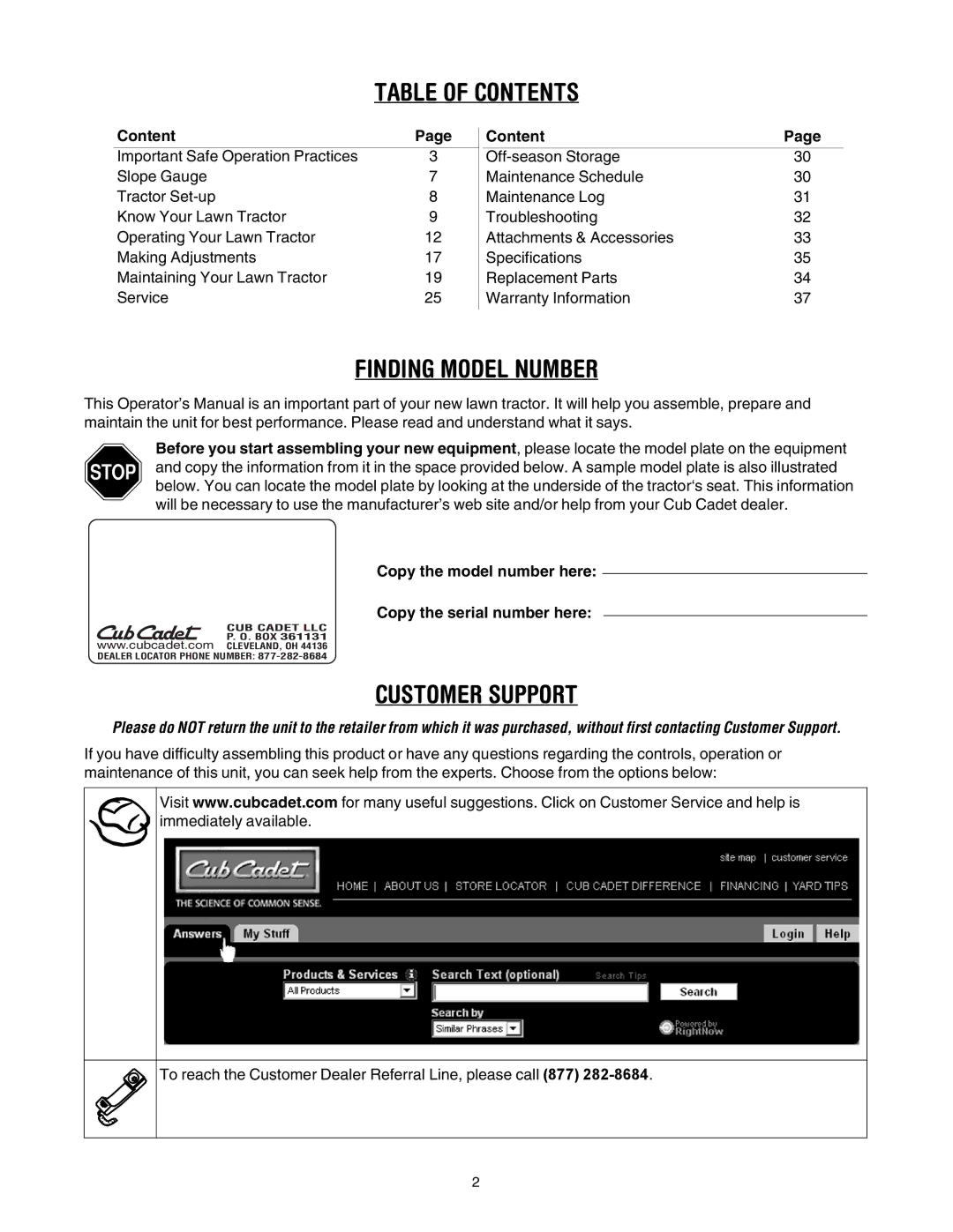 Cub Cadet LT1046, LT1042, LT1045, LT1050 manual Table of Contents 