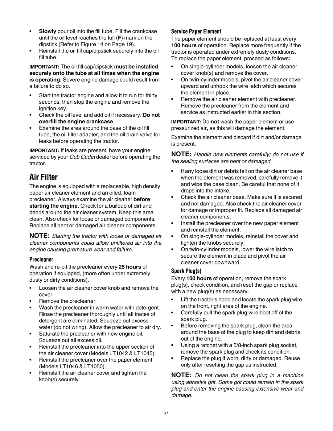 Cub Cadet LT1046, LT1042, LT1045, LT1050 manual Air Filter, Precleaner, Service Paper Element, Spark Plugs 