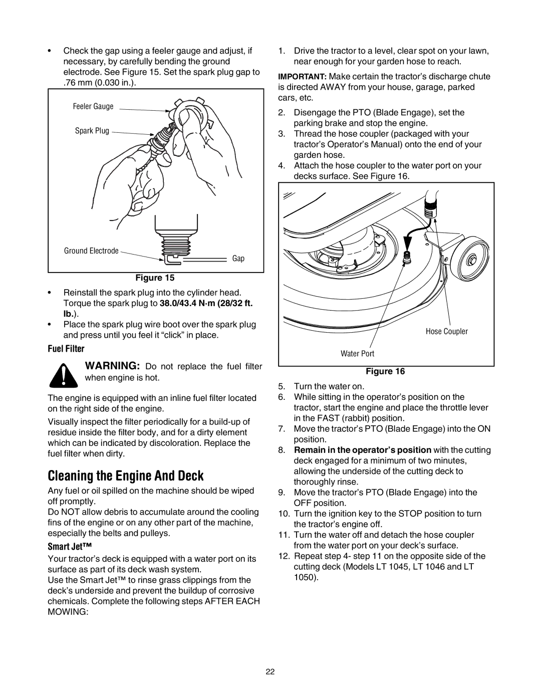 Cub Cadet LT1046, LT1042, LT1045, LT1050 manual Cleaning the Engine And Deck, Fuel Filter, Smart Jet 