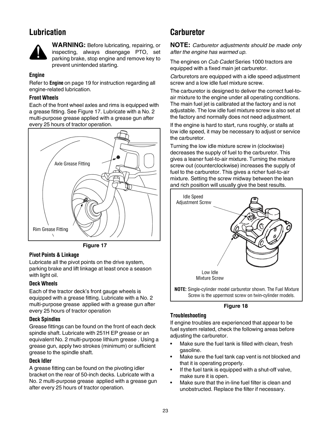 Cub Cadet LT1046, LT1042, LT1045, LT1050 manual Lubrication, Carburetor 