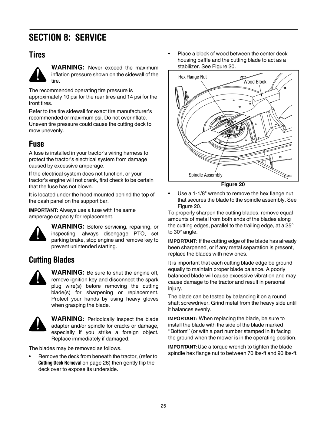 Cub Cadet LT1046, LT1042, LT1045, LT1050 manual Service, Tires, Fuse, Cutting Blades 