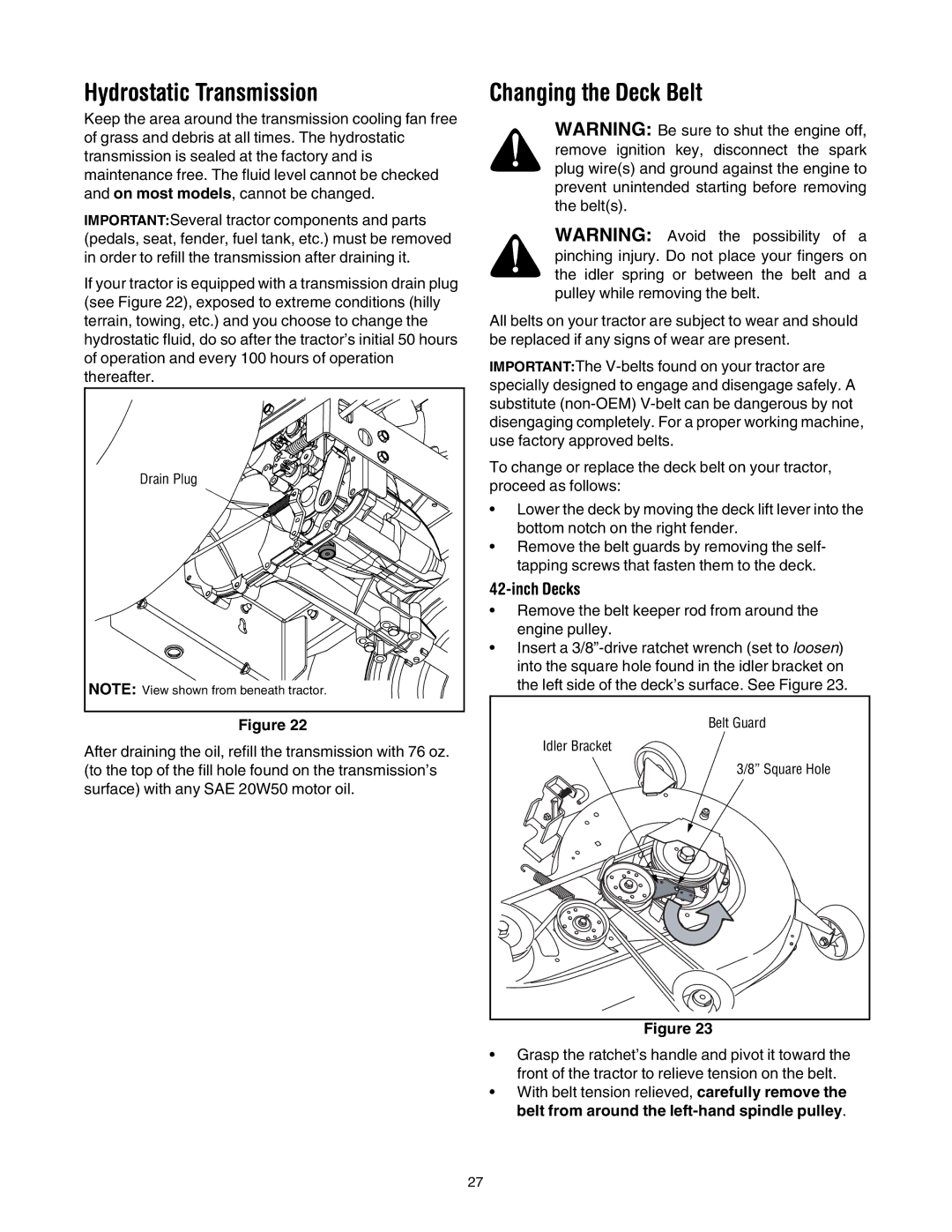 Cub Cadet LT1046, LT1042, LT1045, LT1050 manual Hydrostatic Transmission, Changing the Deck Belt 