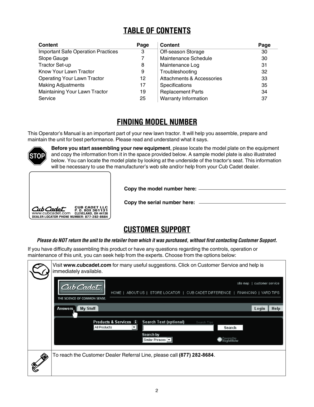 Cub Cadet LT1046, LT1042, LT1045, LT1050 manual Table Of Contents, Finding Model Number, Customer Support, Page 
