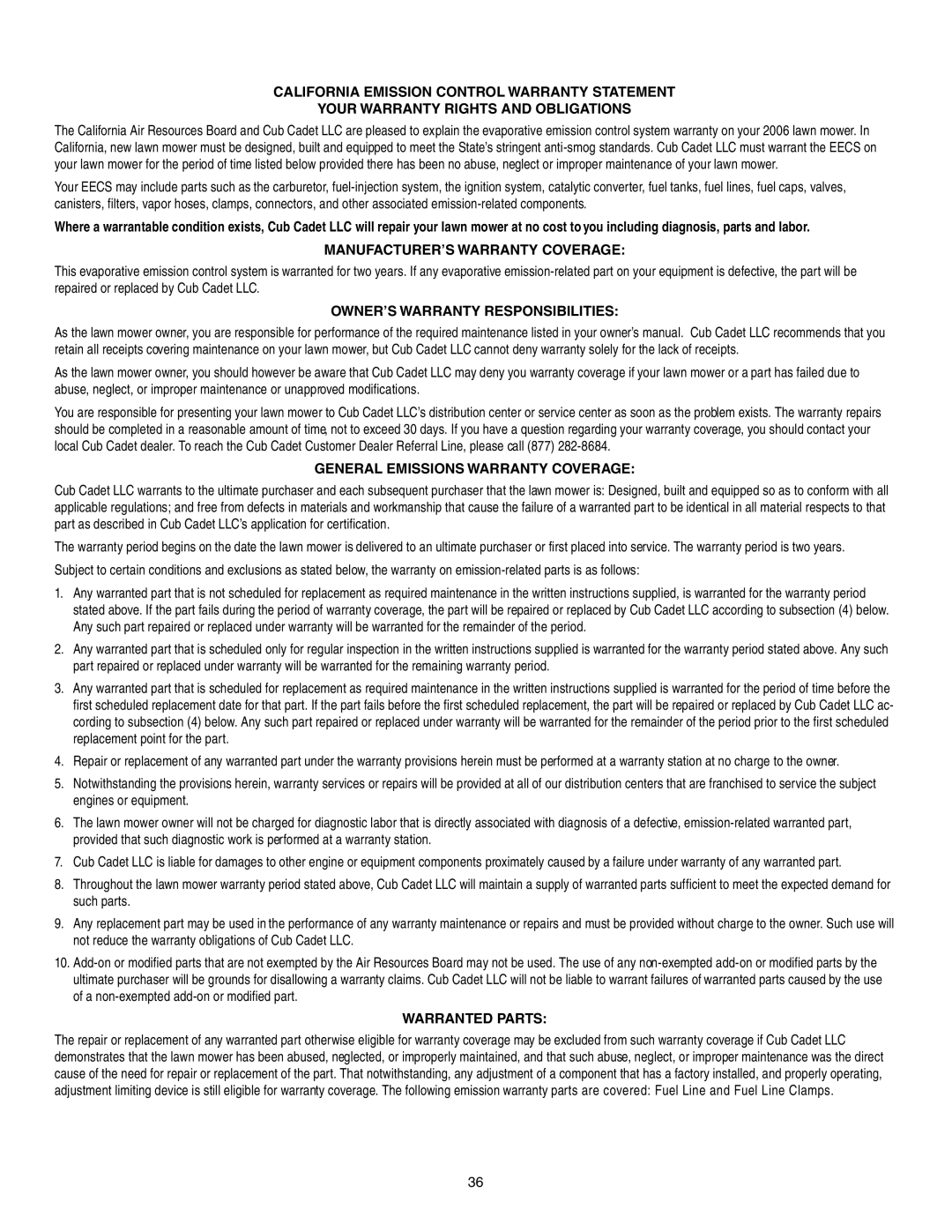 Cub Cadet LT1042 California Emission Control Warranty Statement, Your Warranty Rights And Obligations, Warranted Parts 