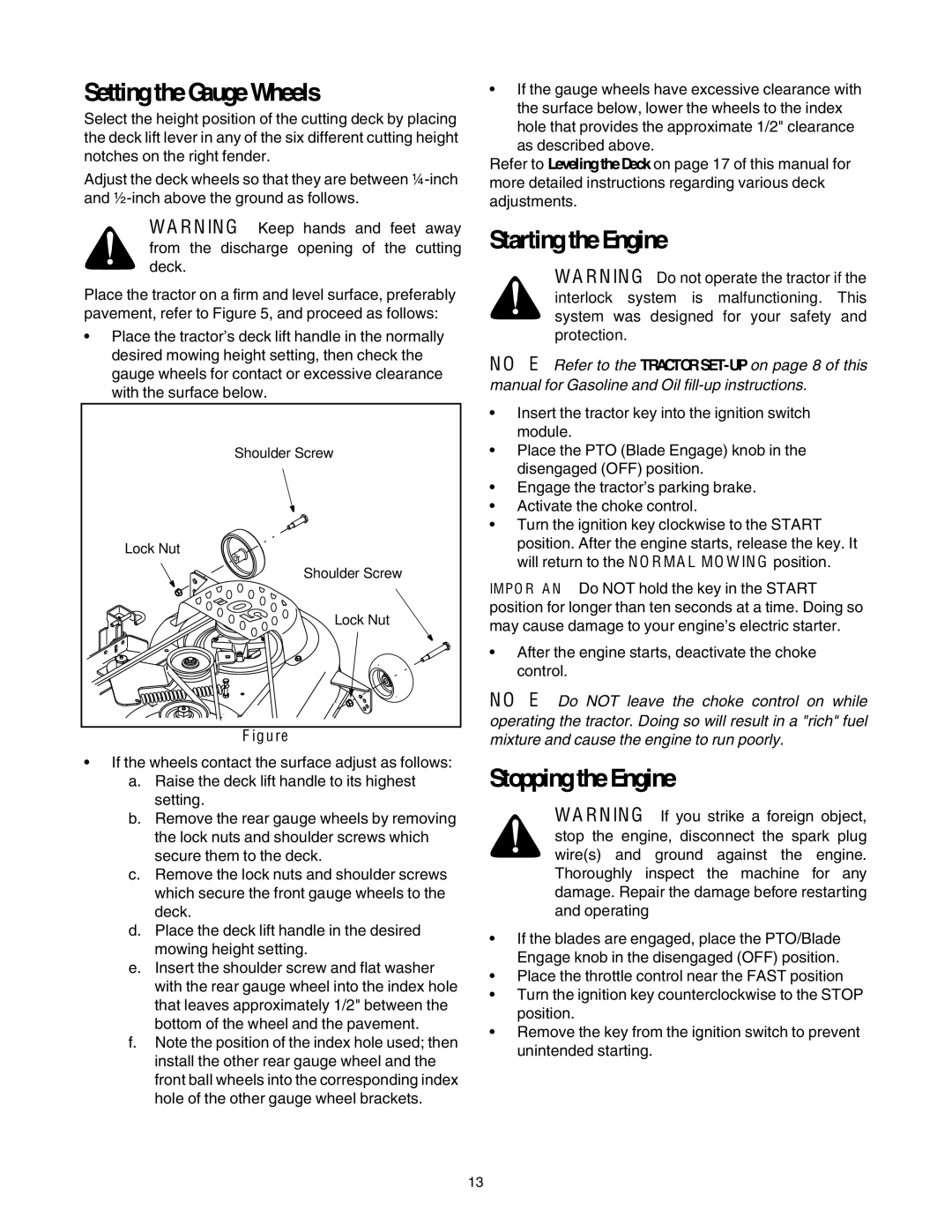 Cub Cadet LT1046, LT1050, LT1045 manual Setting the Gauge Wheels, Starting the Engine, Stopping the Engine 