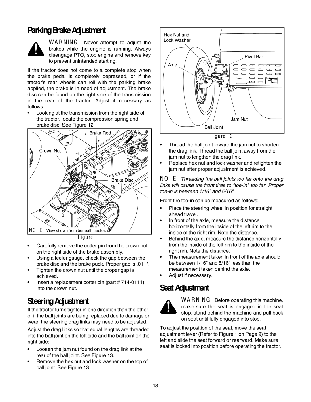 Cub Cadet LT1050, LT1046, LT1045 manual Parking Brake Adjustment, Steering Adjustment, Seat Adjustment 