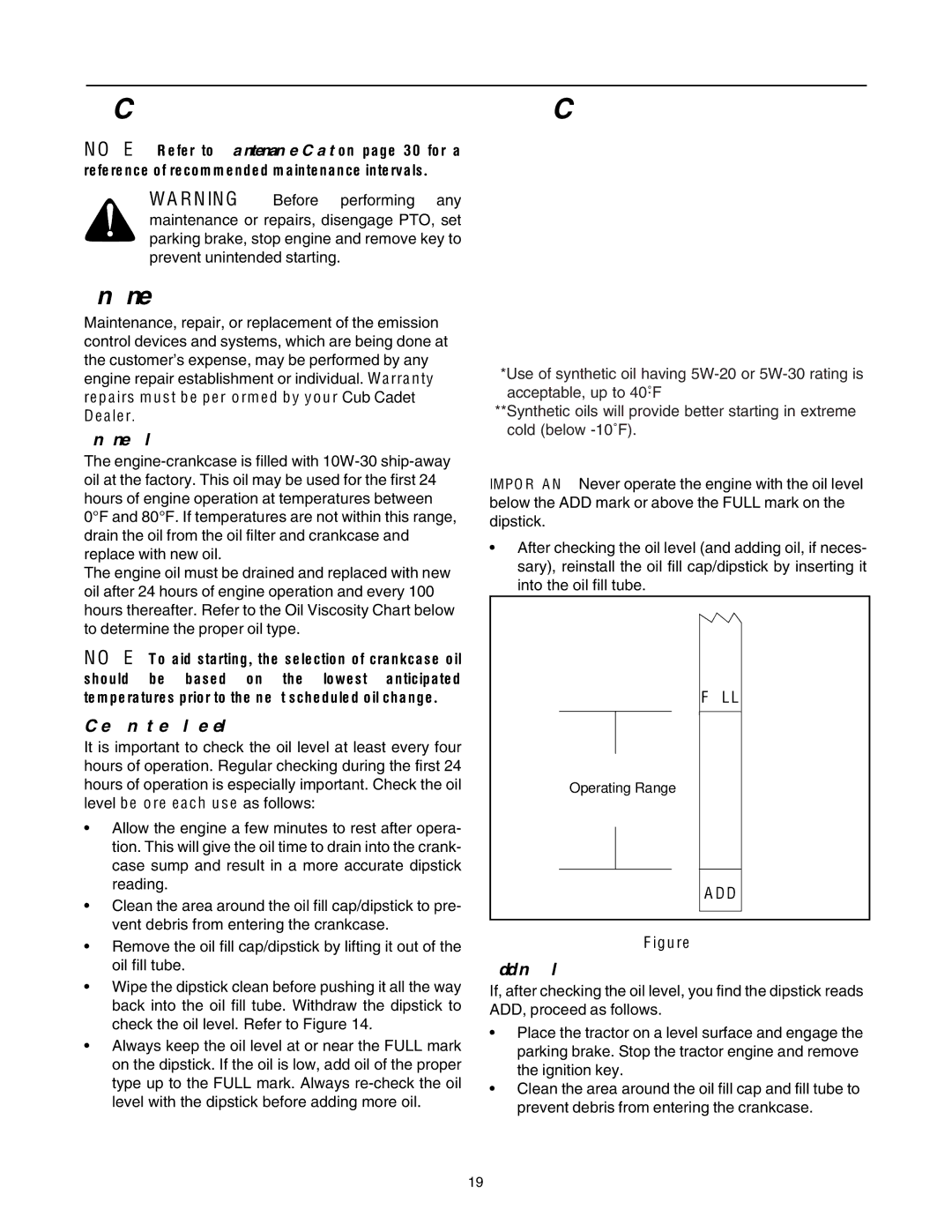 Cub Cadet LT1046, LT1050, LT1045 manual Maintaining Your Lawn Tractor, Engine Oil, Checking the Oil Level, Adding Oil 