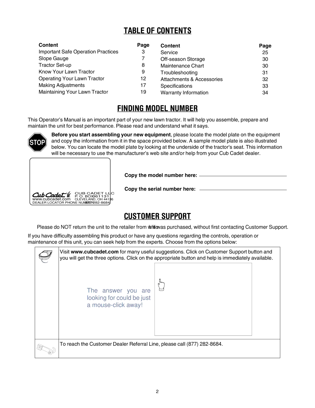 Cub Cadet LT1045, LT1050, LT1046 manual Table of Contents 