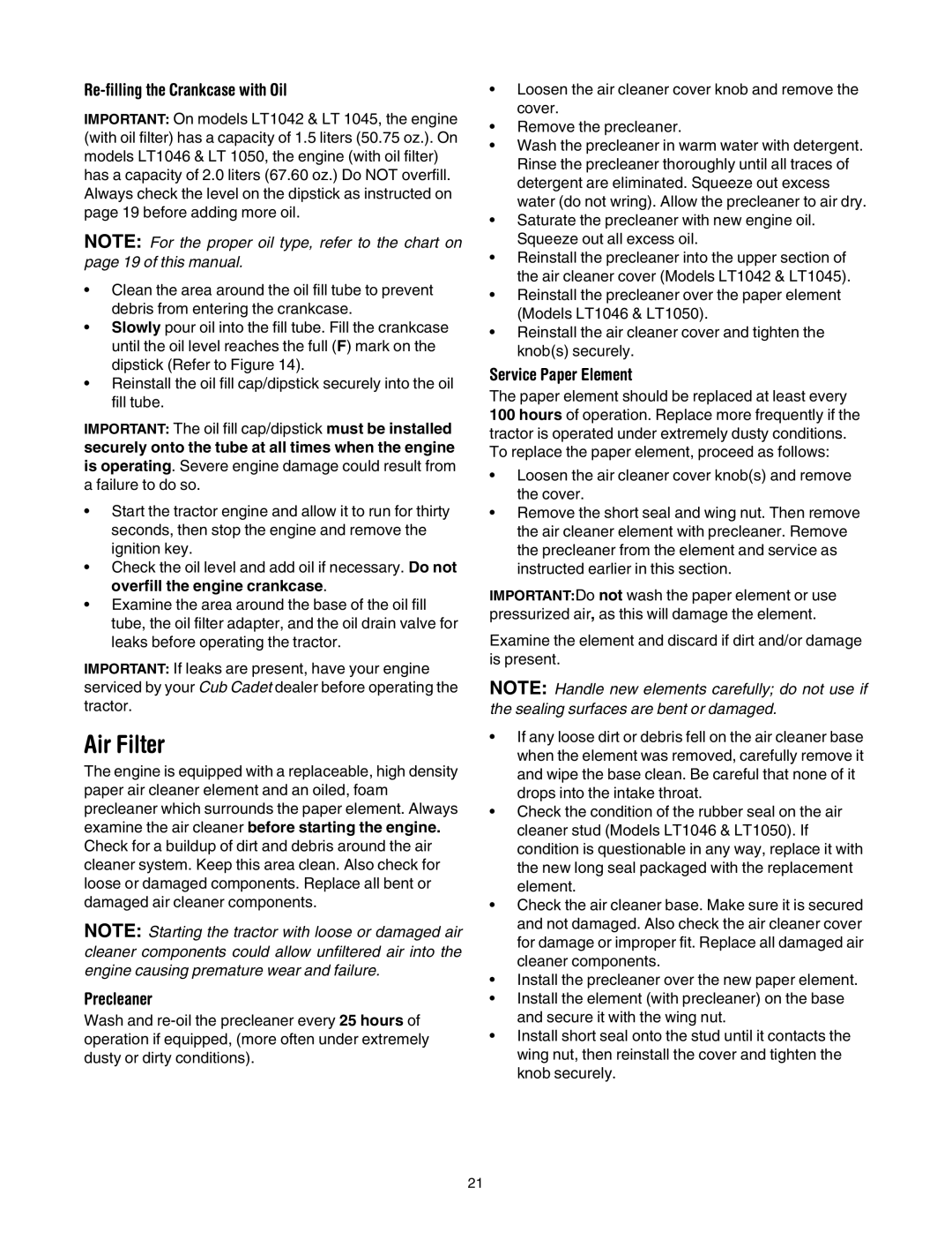 Cub Cadet LT1050, LT1046, LT1045 manual Air Filter, Re-filling the Crankcase with Oil, Precleaner, Service Paper Element 