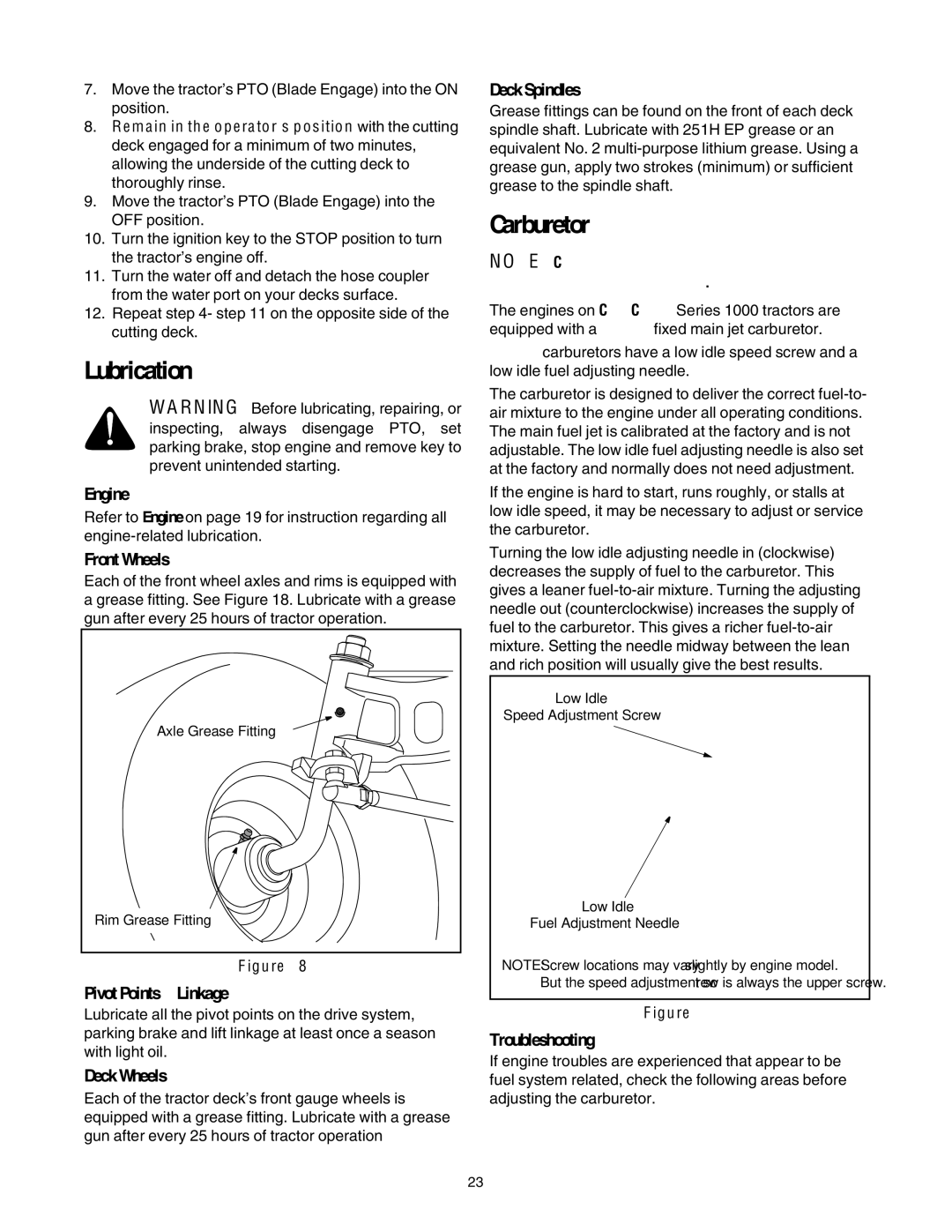 Cub Cadet LT1045, LT1050, LT1046 manual Lubrication, Carburetor 