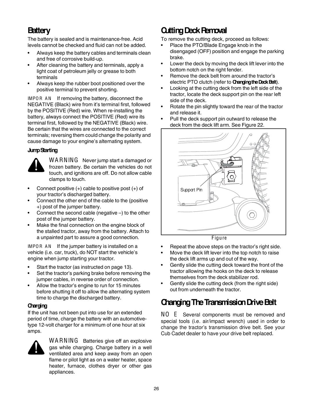 Cub Cadet LT1045, LT1050 manual Battery, Cutting Deck Removal, Changing The Transmission Drive Belt, Jump Starting, Charging 