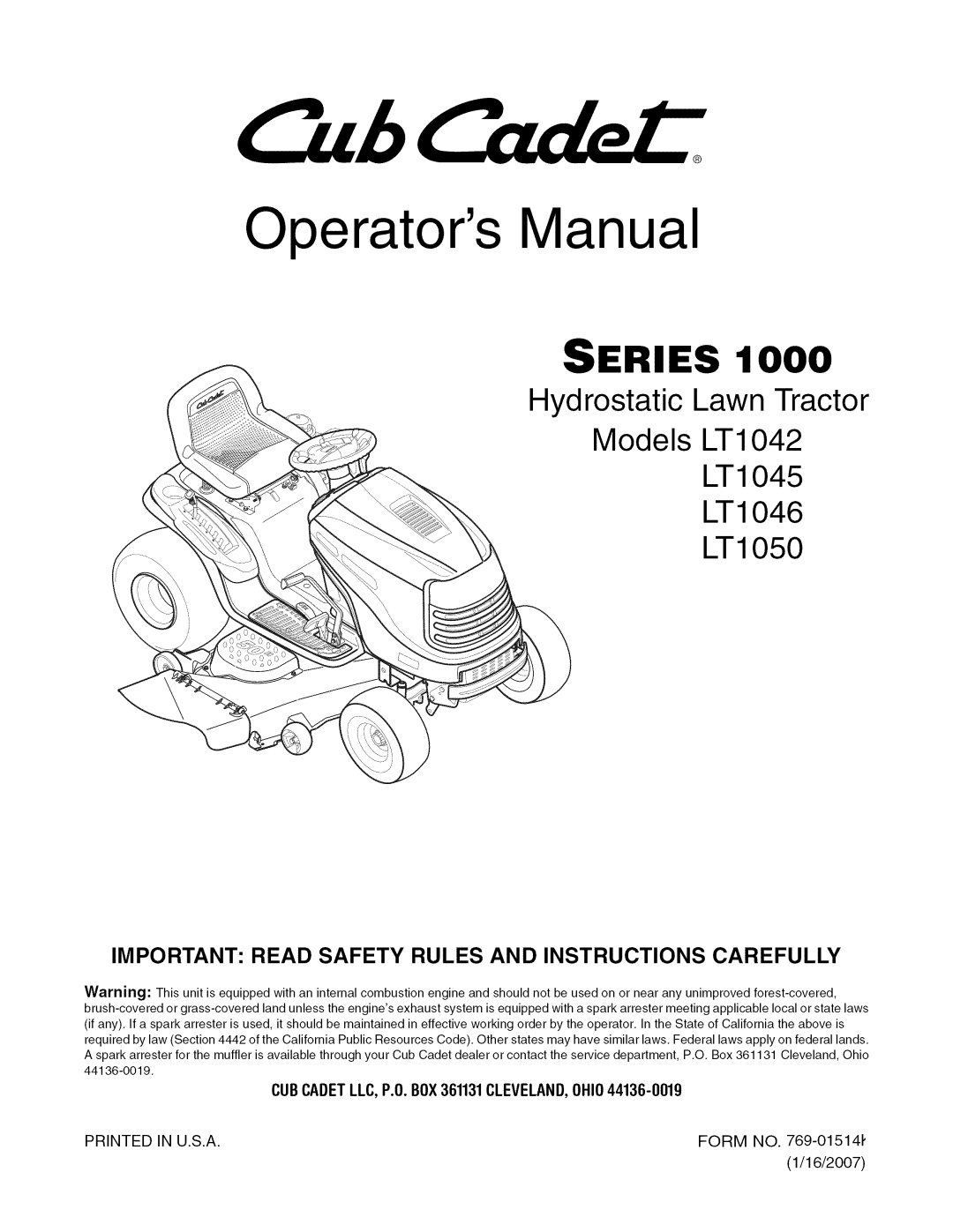 Cub Cadet LTI050 manual Operators Manual 