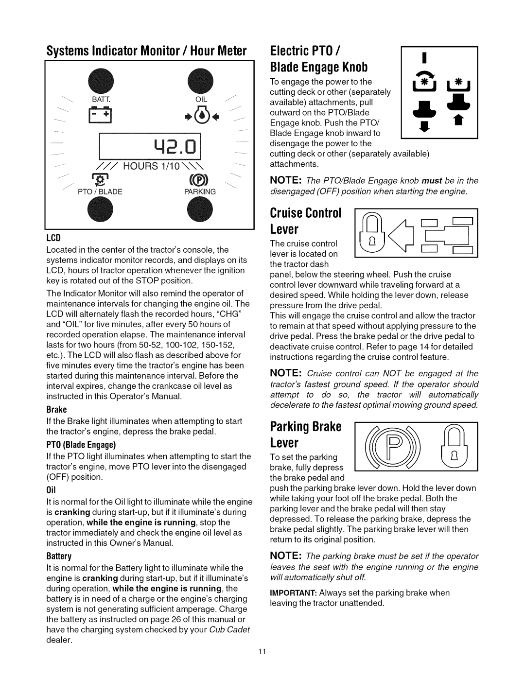 Cub Cadet LTI050 manual CruiseControl, Brake, PTOBlade Engage, Battery 