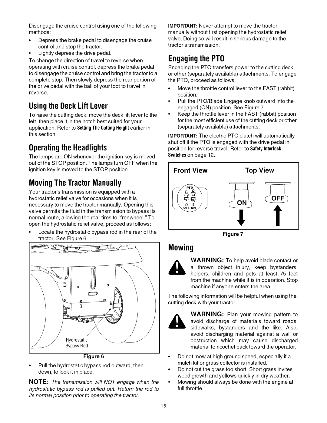 Cub Cadet LTI050 manual UsingtheDeckLiftLever, OperatingtheHeadlights, MovingTheTractorManually, Mowing 