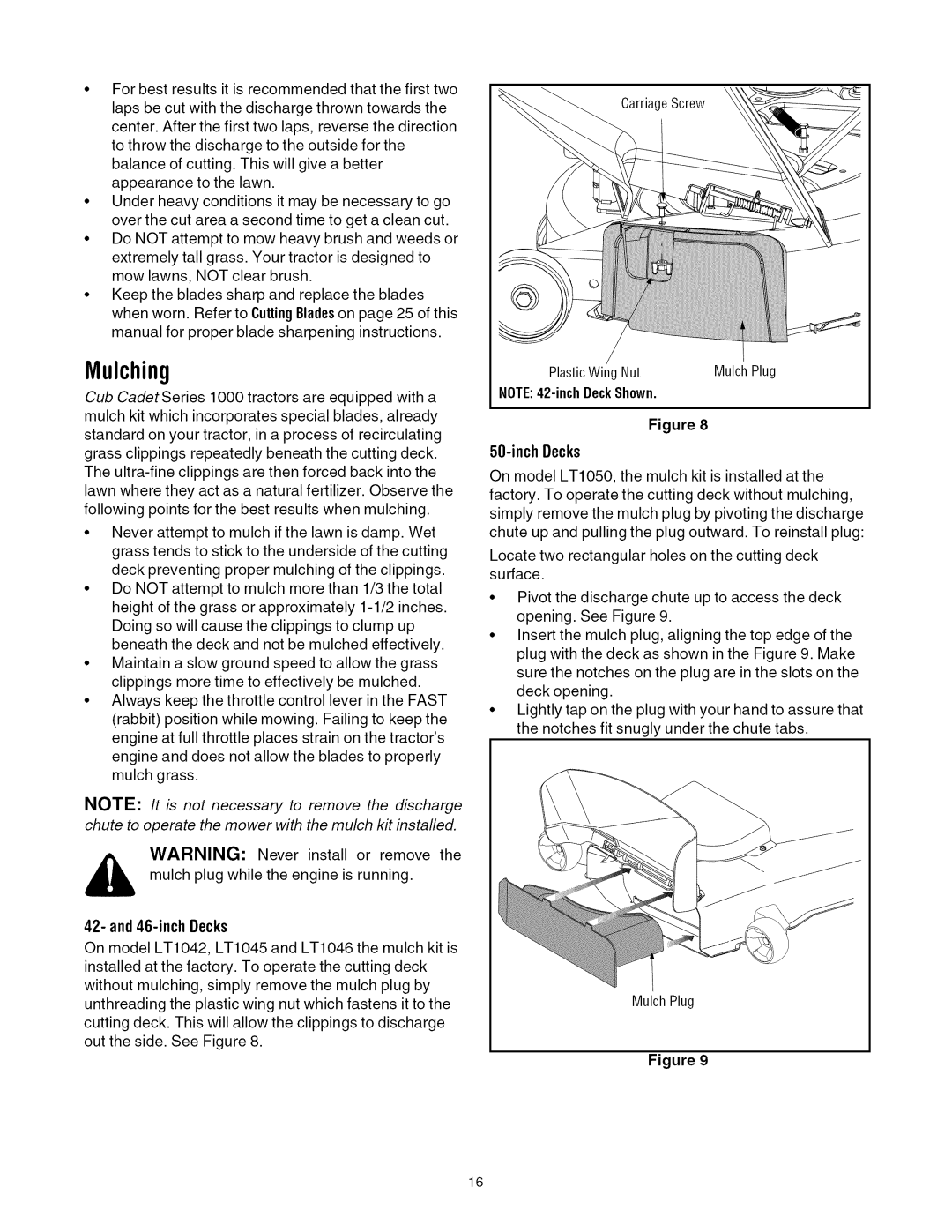 Cub Cadet LTI050 manual Mulching, Inch Decks, inch Becks 