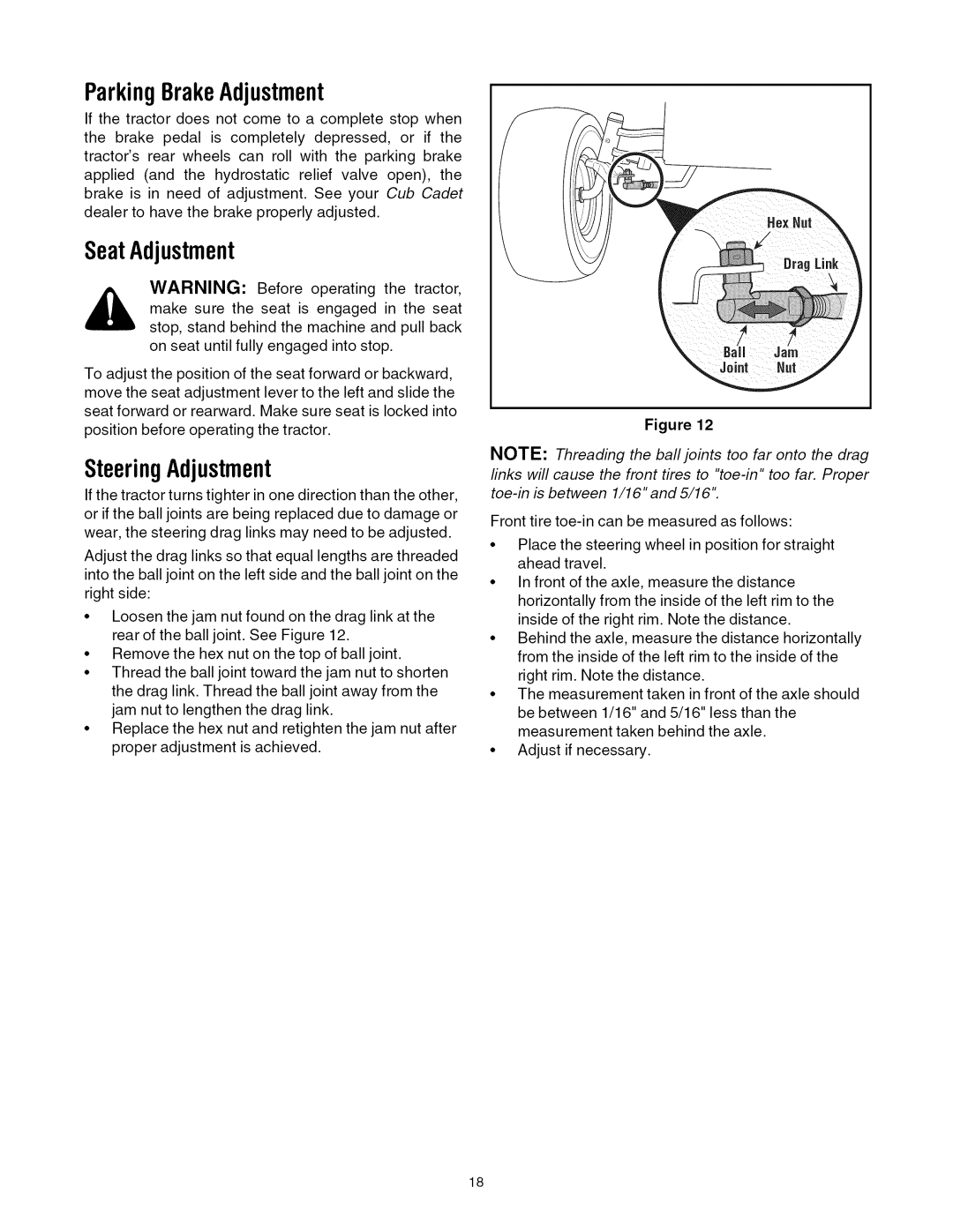 Cub Cadet LTI050 manual ParkingBrakeAdjustment, SeatAdjustment, SteeringAdjustment 