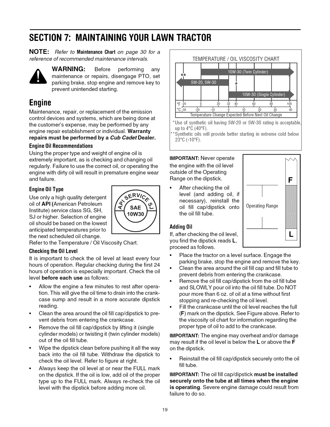 Cub Cadet LTI050 manual Maintainingyourlawntractor, EngineOil Recommendations, EngineOil Type, Adding Oil 