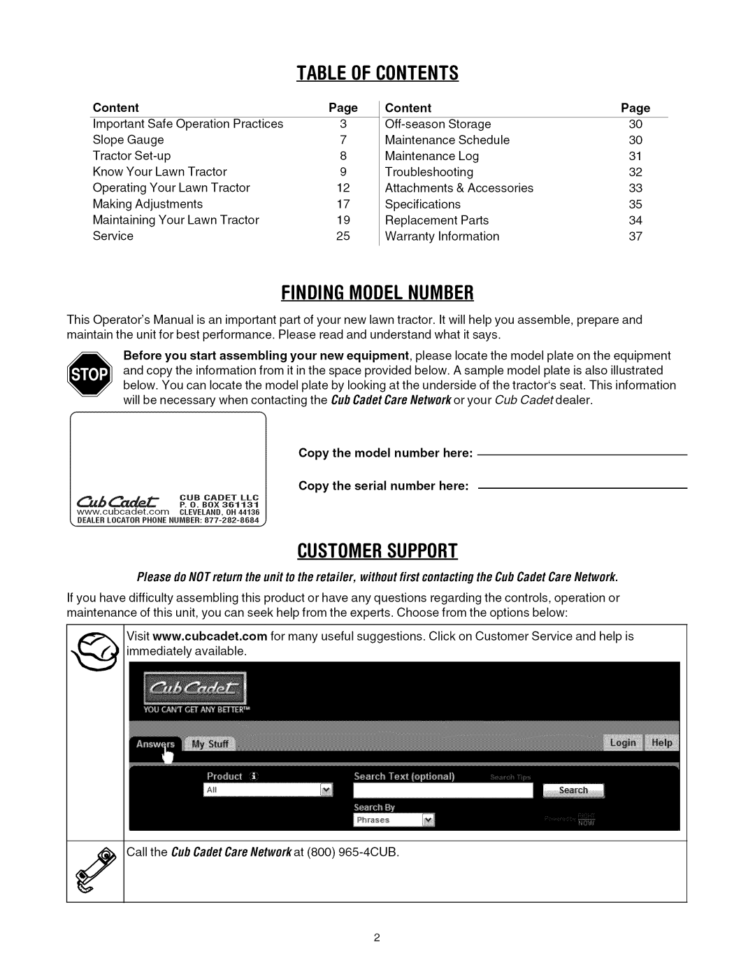 Cub Cadet LTI050 manual Tableofcontents 