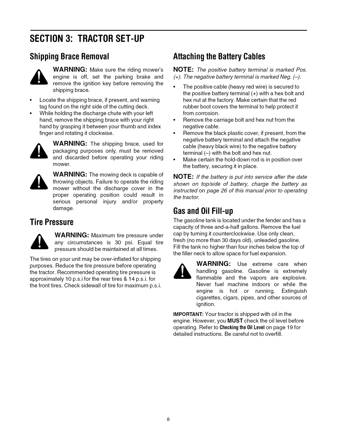 Cub Cadet LTI050 manual Tractorset-Up, ShippingBraceRemoval, Tire Pressure, AttachingtheBatteryCables, GasandOilFill-up 
