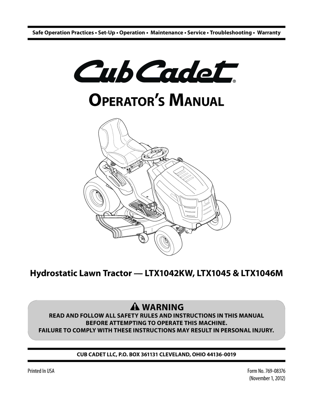 Cub Cadet LTX1042KW, LTX1046M, LTX1045 warranty Operator’s Manual 