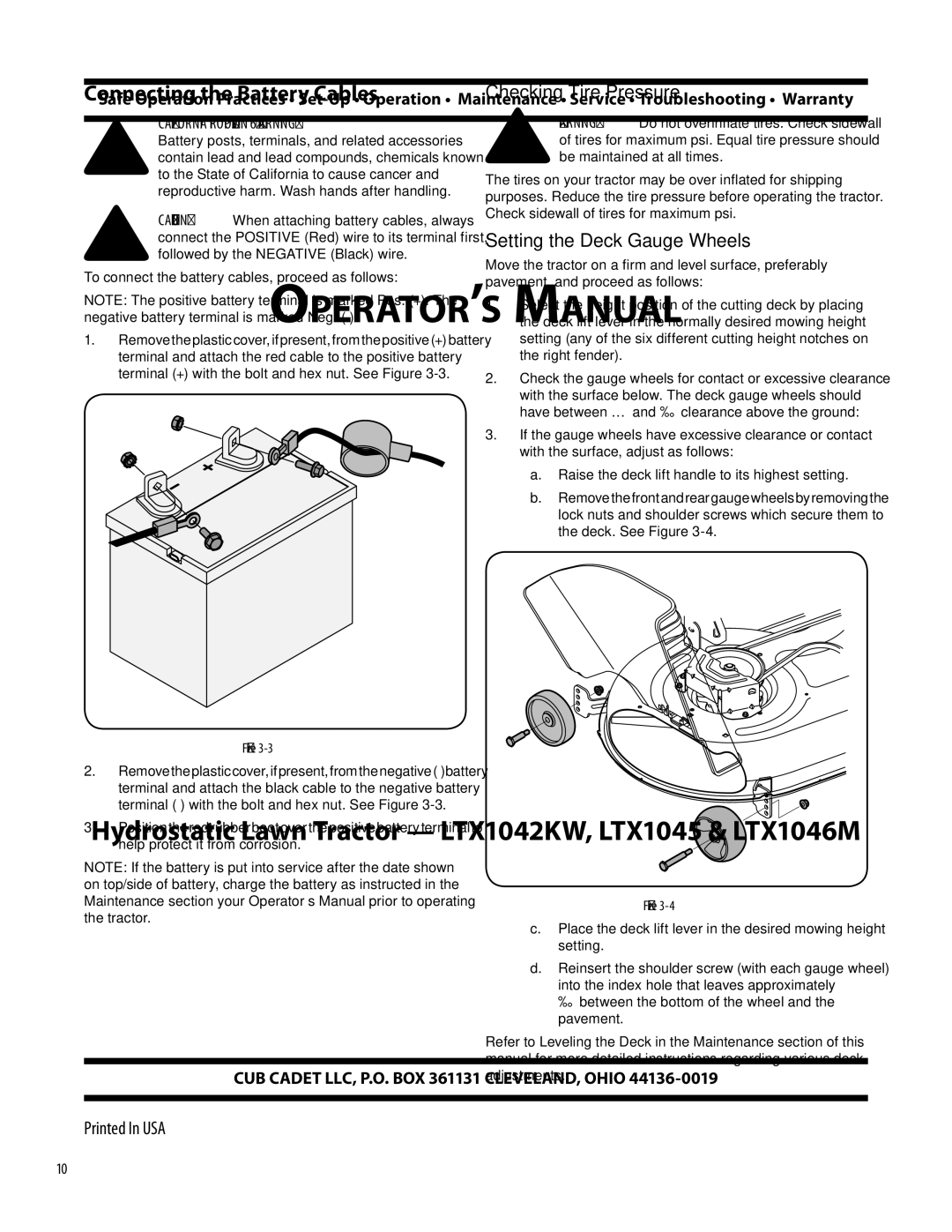 Cub Cadet LTX1042KW, LTX1046M, LTX1045 Connecting the Battery Cables, Checking Tire Pressure, Setting the Deck Gauge Wheels 