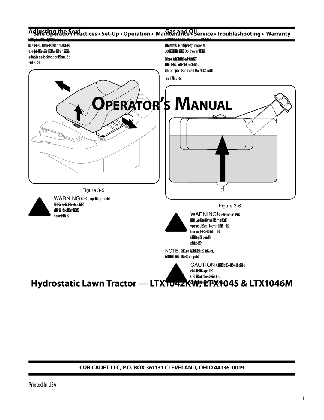 Cub Cadet LTX1045, LTX1046M, LTX1042KW warranty Adjusting the Seat, Gas and Oil 