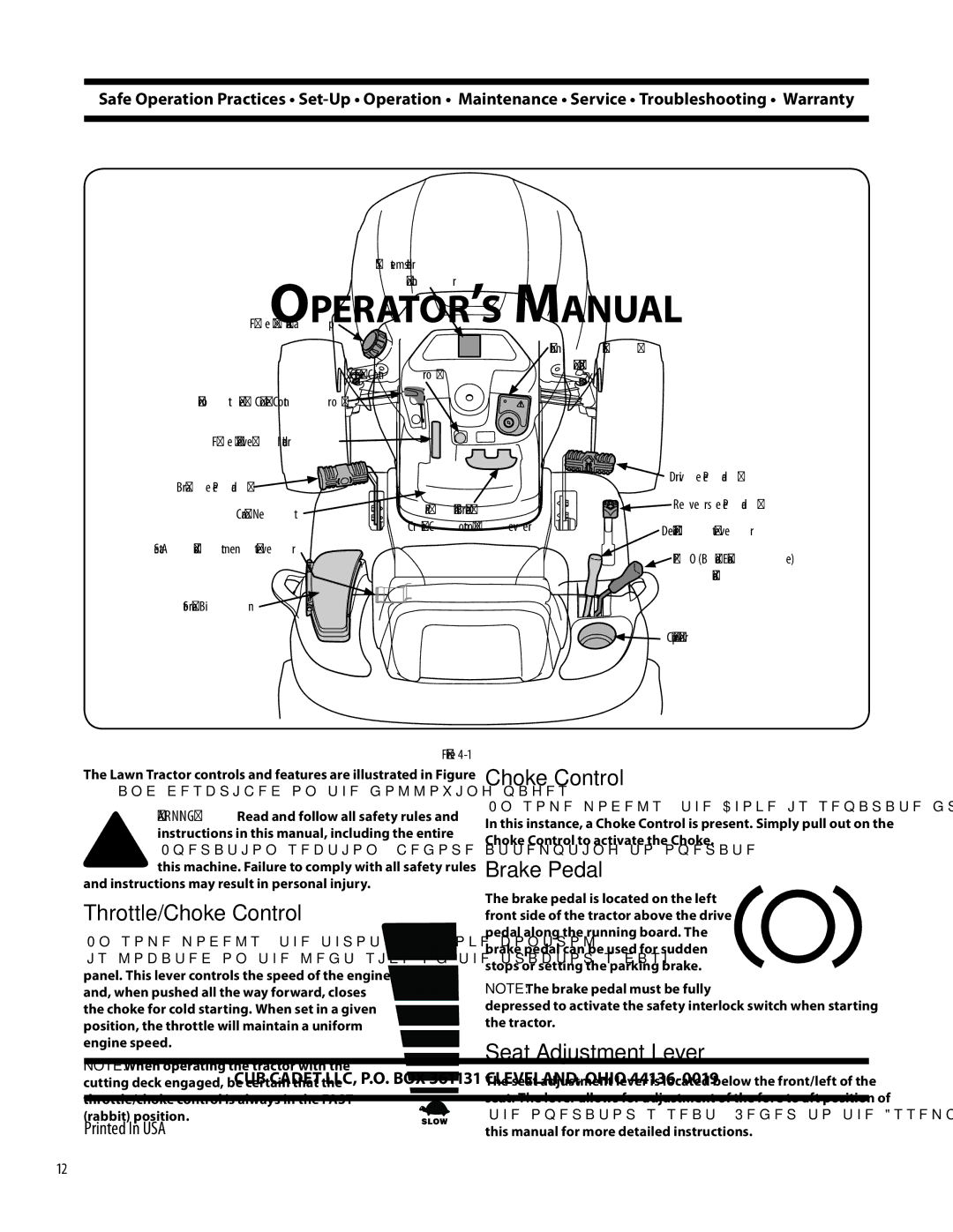 Cub Cadet LTX1046M, LTX1042KW, LTX1045 Controls & Features, Throttle/Choke Control, Brake Pedal, Seat Adjustment Lever 