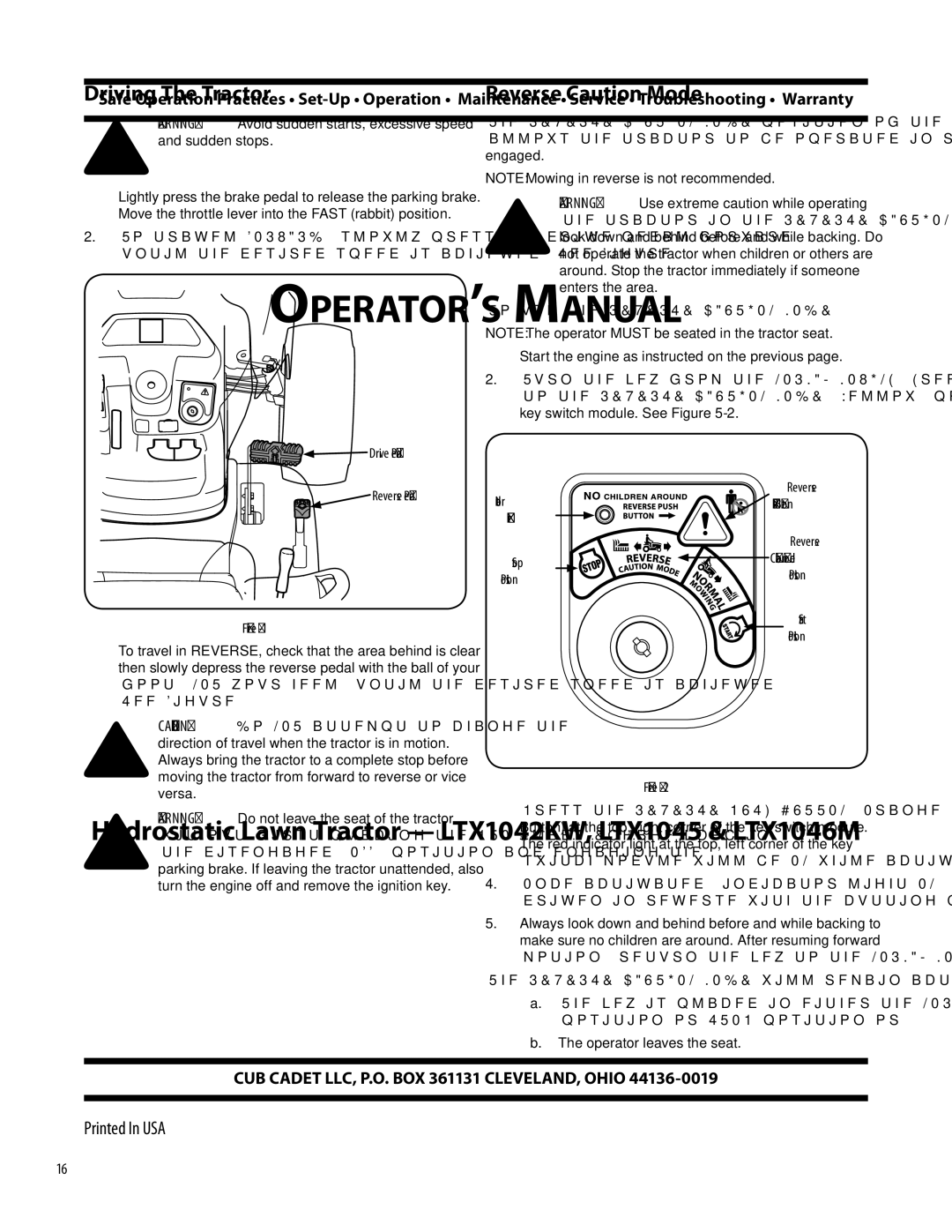 Cub Cadet LTX1042KW, LTX1046M, LTX1045 warranty Driving The Tractor, Reverse Caution Mode 