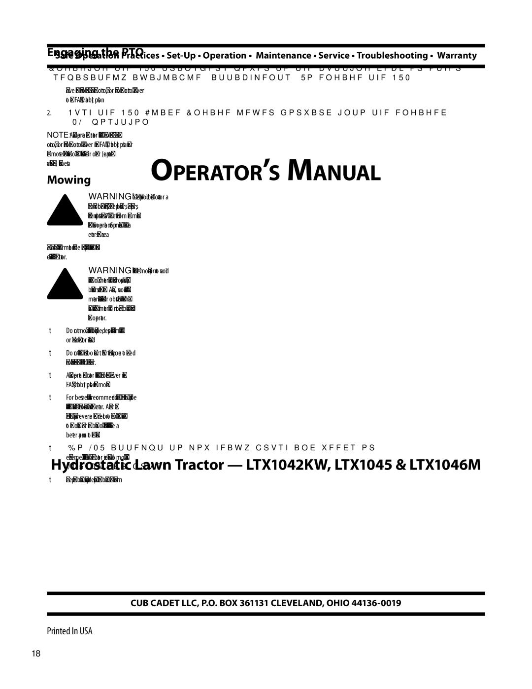 Cub Cadet LTX1046M, LTX1042KW, LTX1045 warranty Engaging the PTO, Mowing 